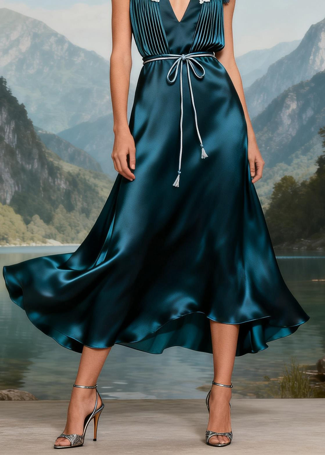 Beautiful V Neck Lace Patchwork Tie Waist Silk Long Dress Summer