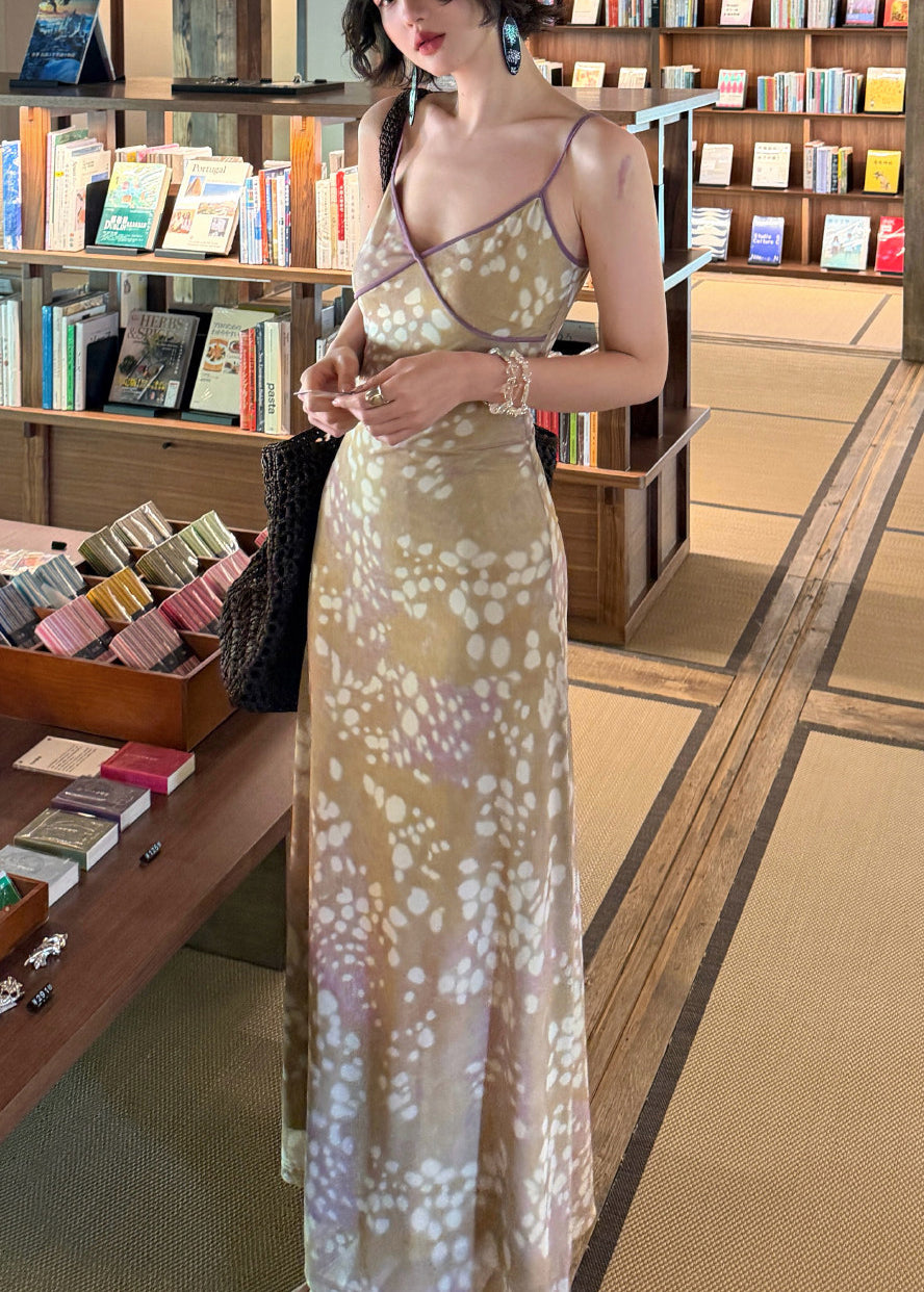 Beautiful V Neck Patchwork Long Spaghetti Strap Dress Sleeveless