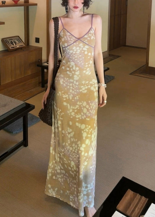 Beautiful V Neck Patchwork Long Spaghetti Strap Dress Sleeveless