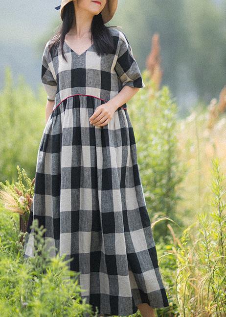 Beautiful V-Neck Patchwork Summer Women Black White Plaid Dresses - SooLinen