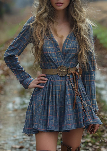Beautiful V Neck Plaid Wrinkled Cotton Dress Long Sleeve
