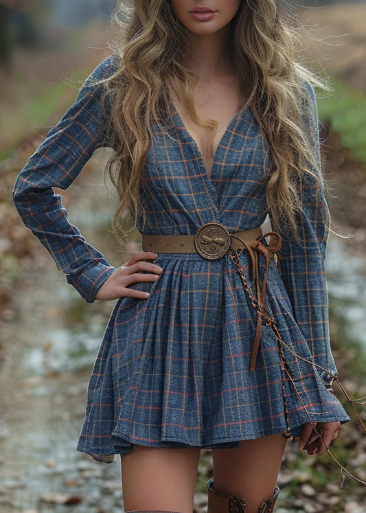 Beautiful V Neck Plaid Wrinkled Cotton Dress Long Sleeve