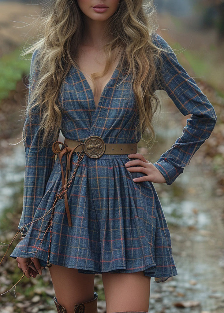 Beautiful V Neck Plaid Wrinkled Cotton Dress Long Sleeve