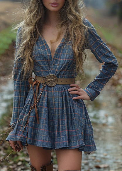 Beautiful V Neck Plaid Wrinkled Cotton Dress Long Sleeve