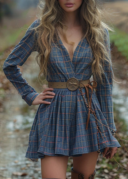 Beautiful V Neck Plaid Wrinkled Cotton Dress Long Sleeve