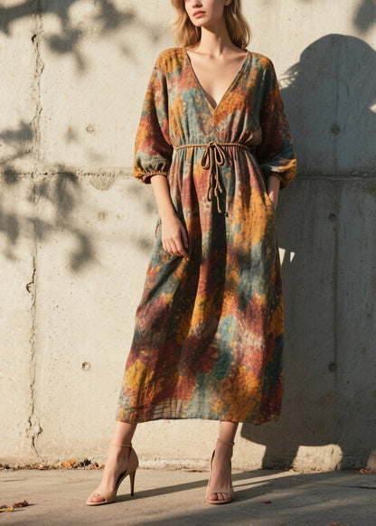 Beautiful V Neck Print Cotton Ankle Dress Half Sleeve
