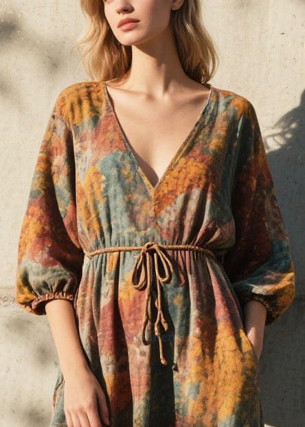 Beautiful V Neck Print Cotton Ankle Dress Half Sleeve