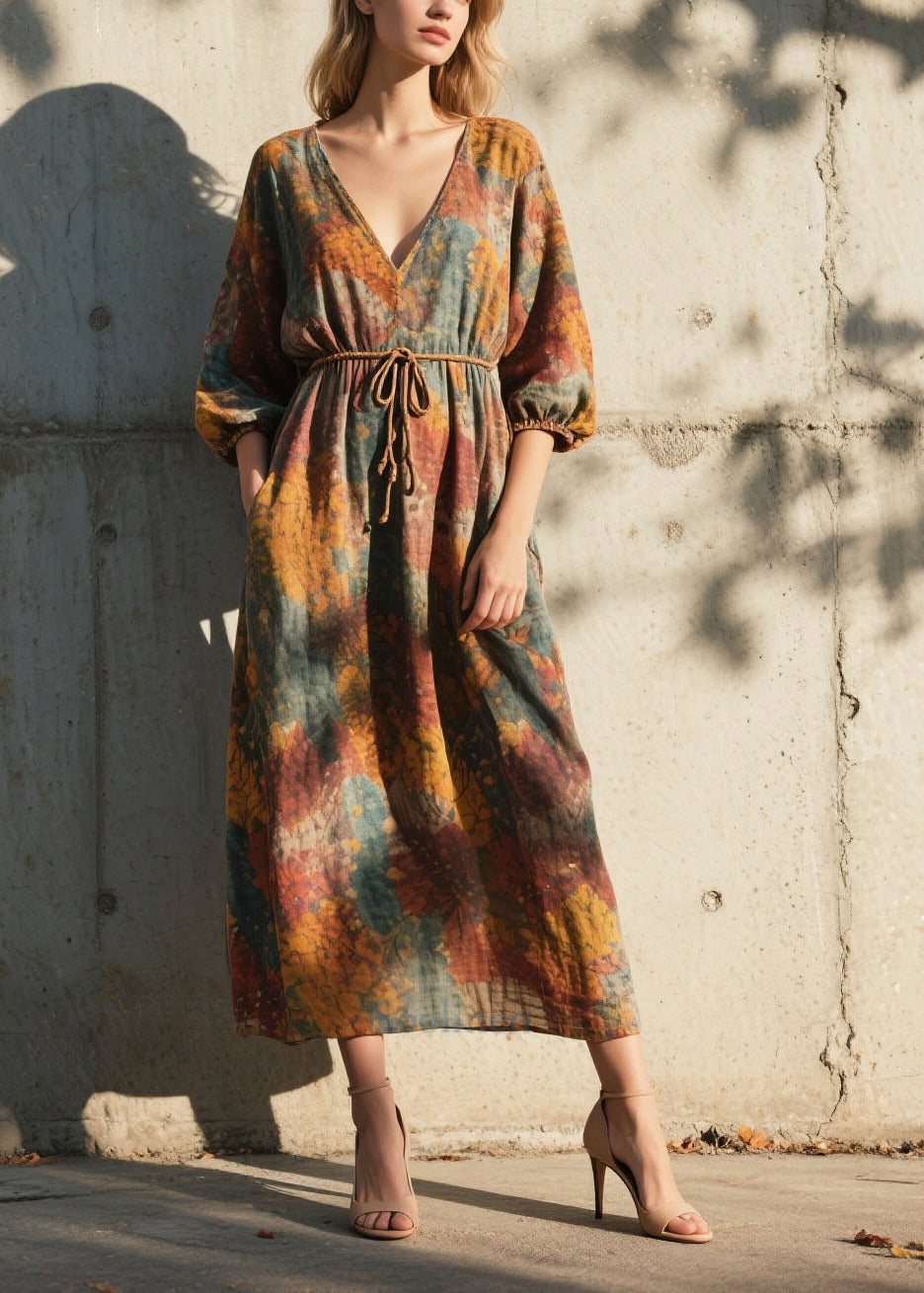 Beautiful V Neck Print Cotton Ankle Dress Half Sleeve