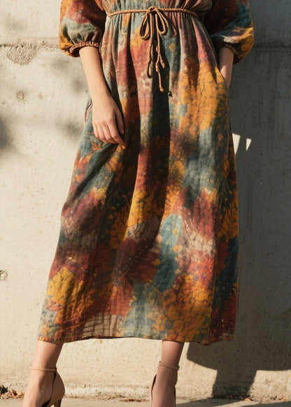 Beautiful V Neck Print Cotton Ankle Dress Half Sleeve