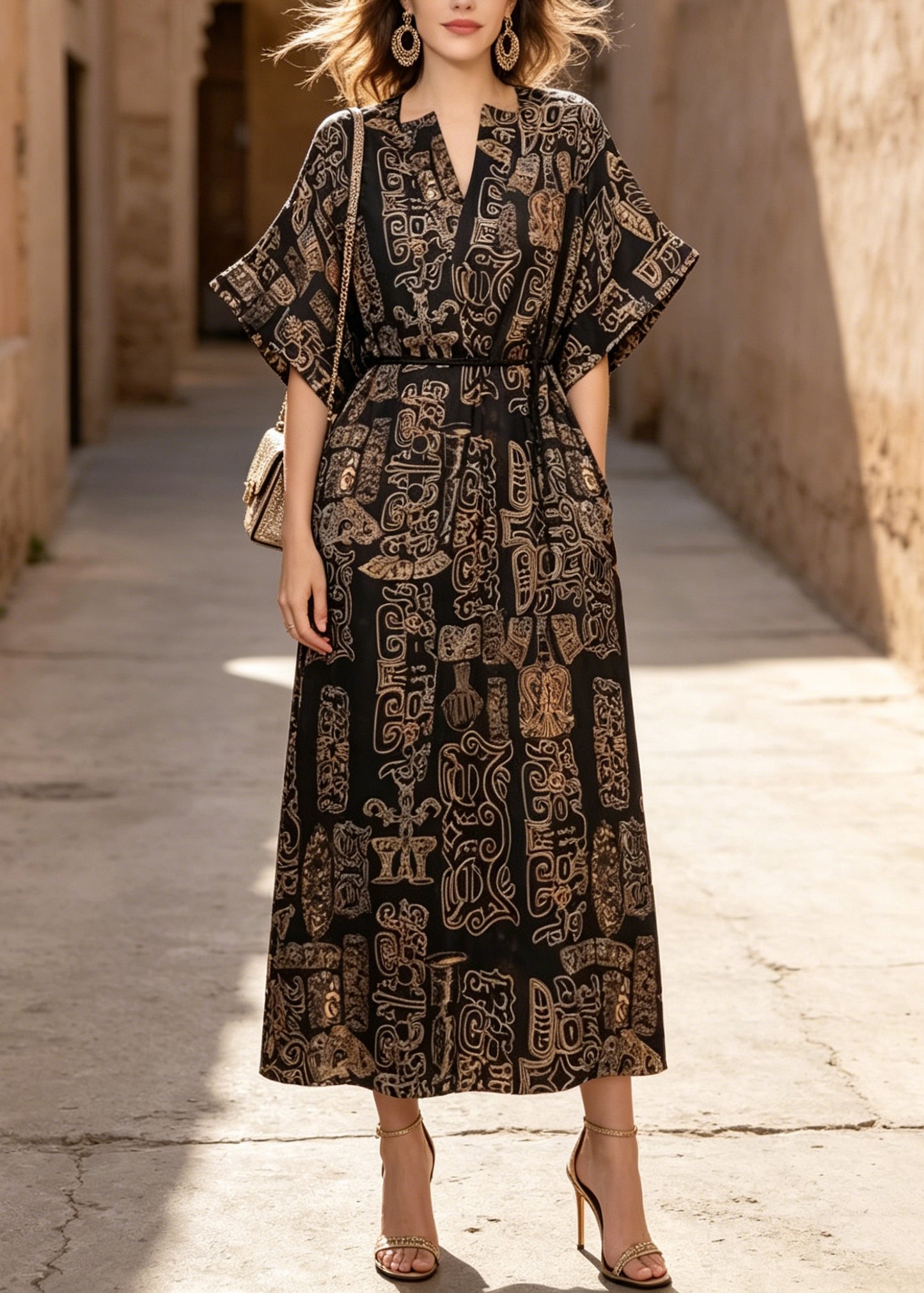 Beautiful V Neck Print Pockets Cotton Dresses Summer