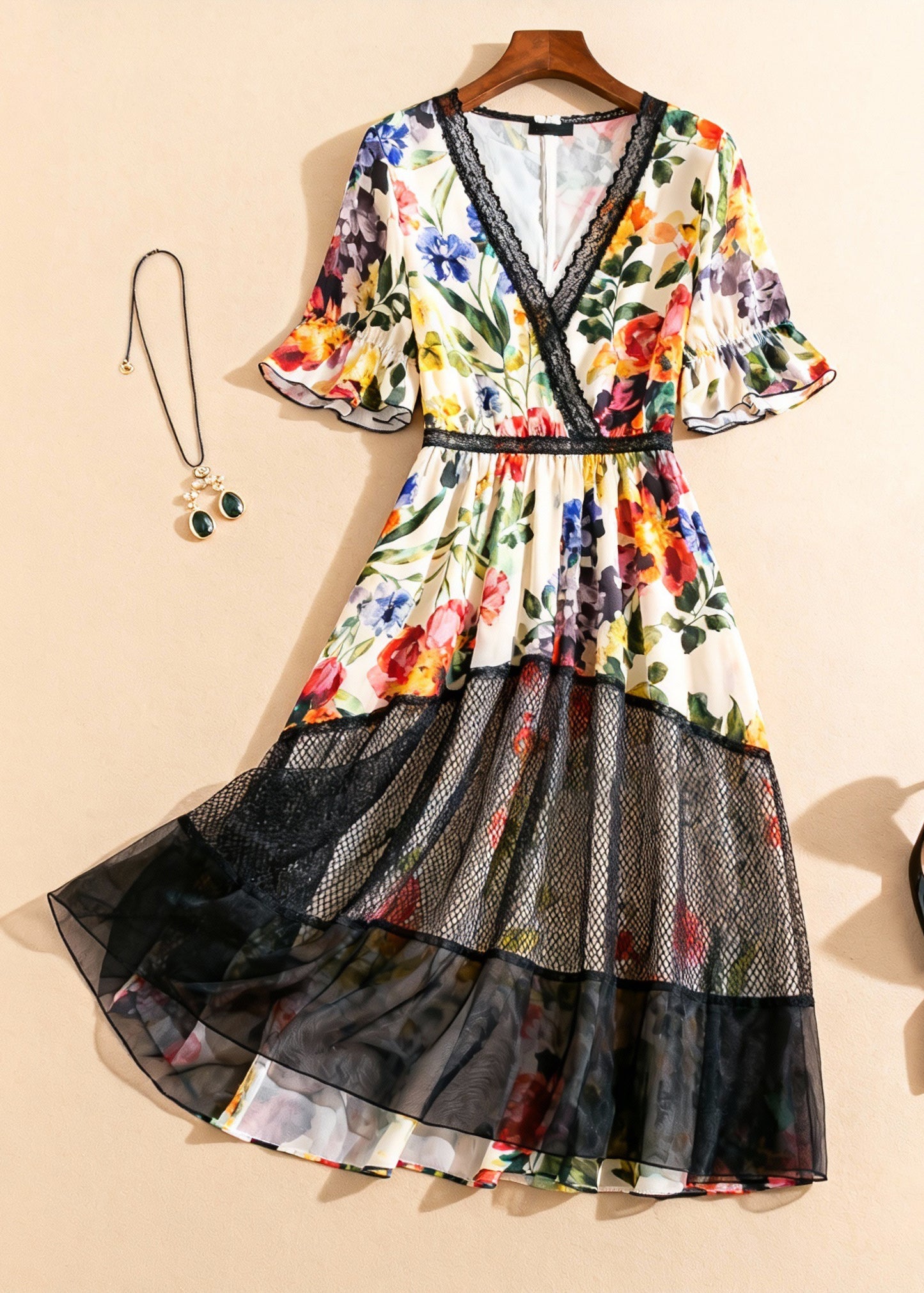 Beautiful V Neck Print Tulle Patchwork Long Dress Summer