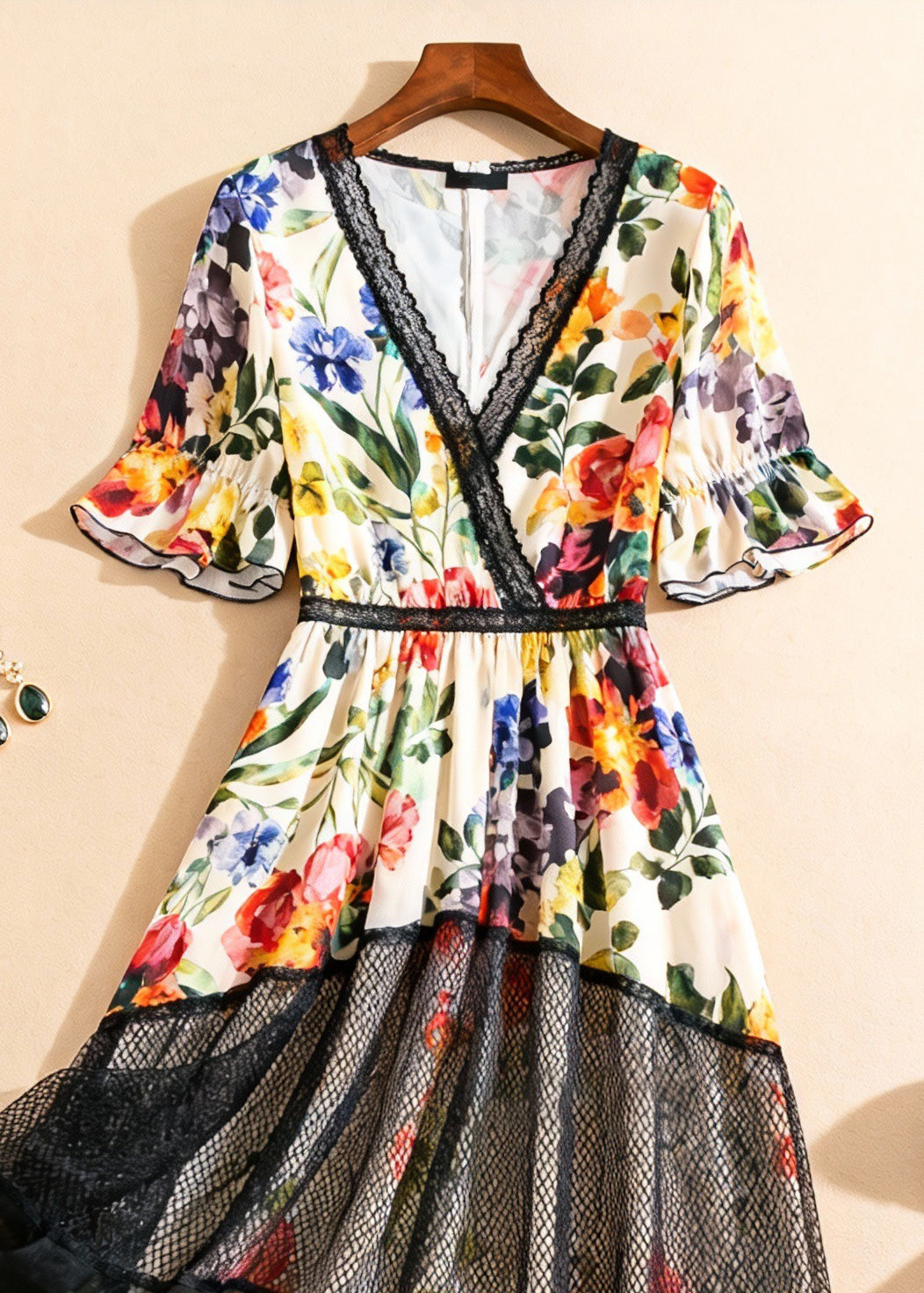 Beautiful V Neck Print Tulle Patchwork Long Dress Summer