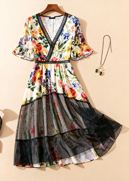 Beautiful V Neck Print Tulle Patchwork Long Dress Summer