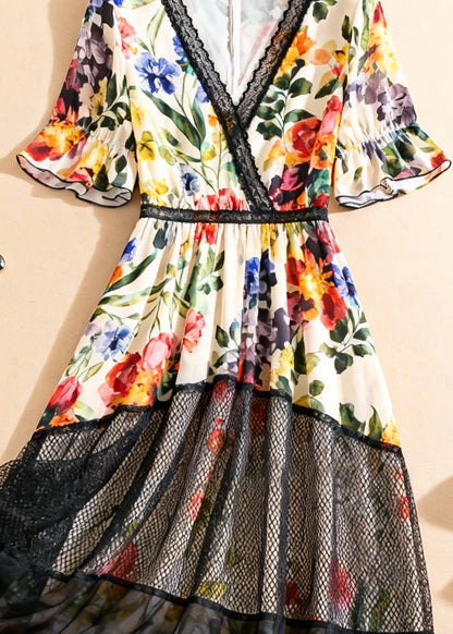 Beautiful V Neck Print Tulle Patchwork Long Dress Summer