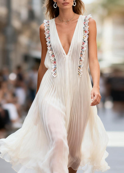 Beautiful V Neck Ruffled Floral Patchwork Chiffon Dress Sleeveless