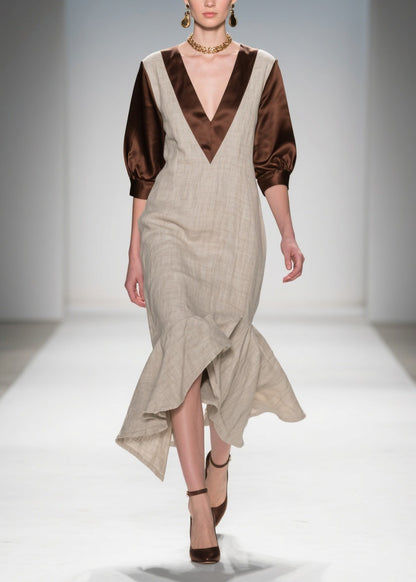 Beautiful V Neck Ruffled Patchwork Linen Silk Dress Summer