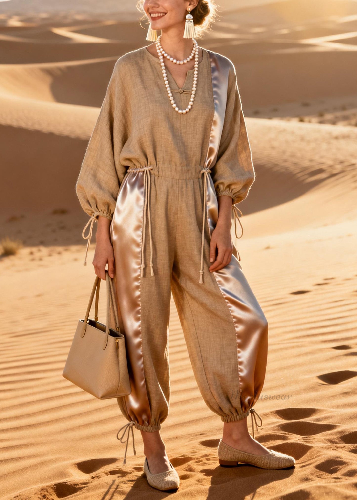 Beautiful V-Neck Silk Patchwork Drawstring Linen Jumpsuit Spring