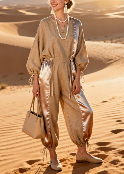 Beautiful V-Neck Silk Patchwork Drawstring Linen Jumpsuit Spring