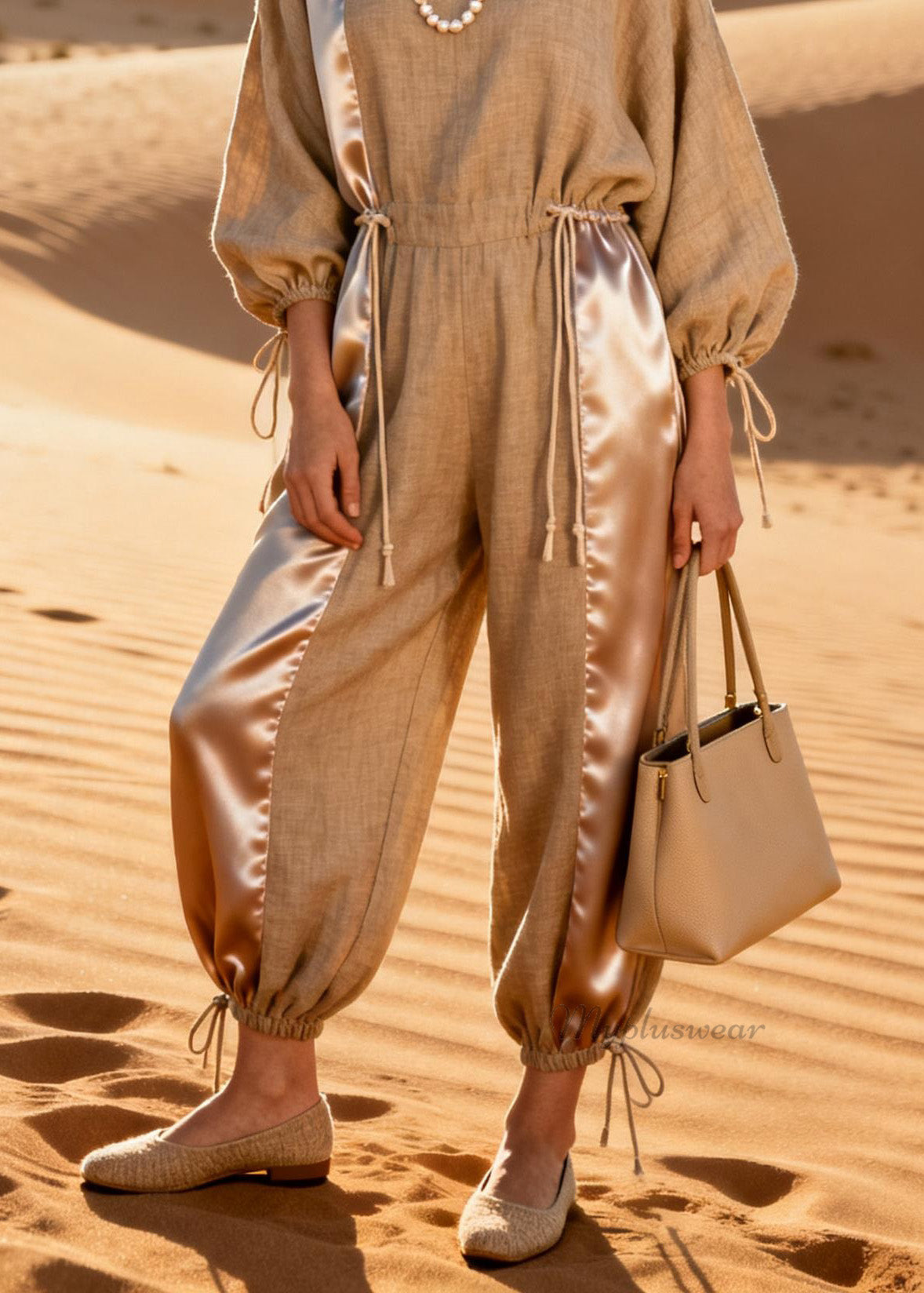 Beautiful V-Neck Silk Patchwork Drawstring Linen Jumpsuit Spring
