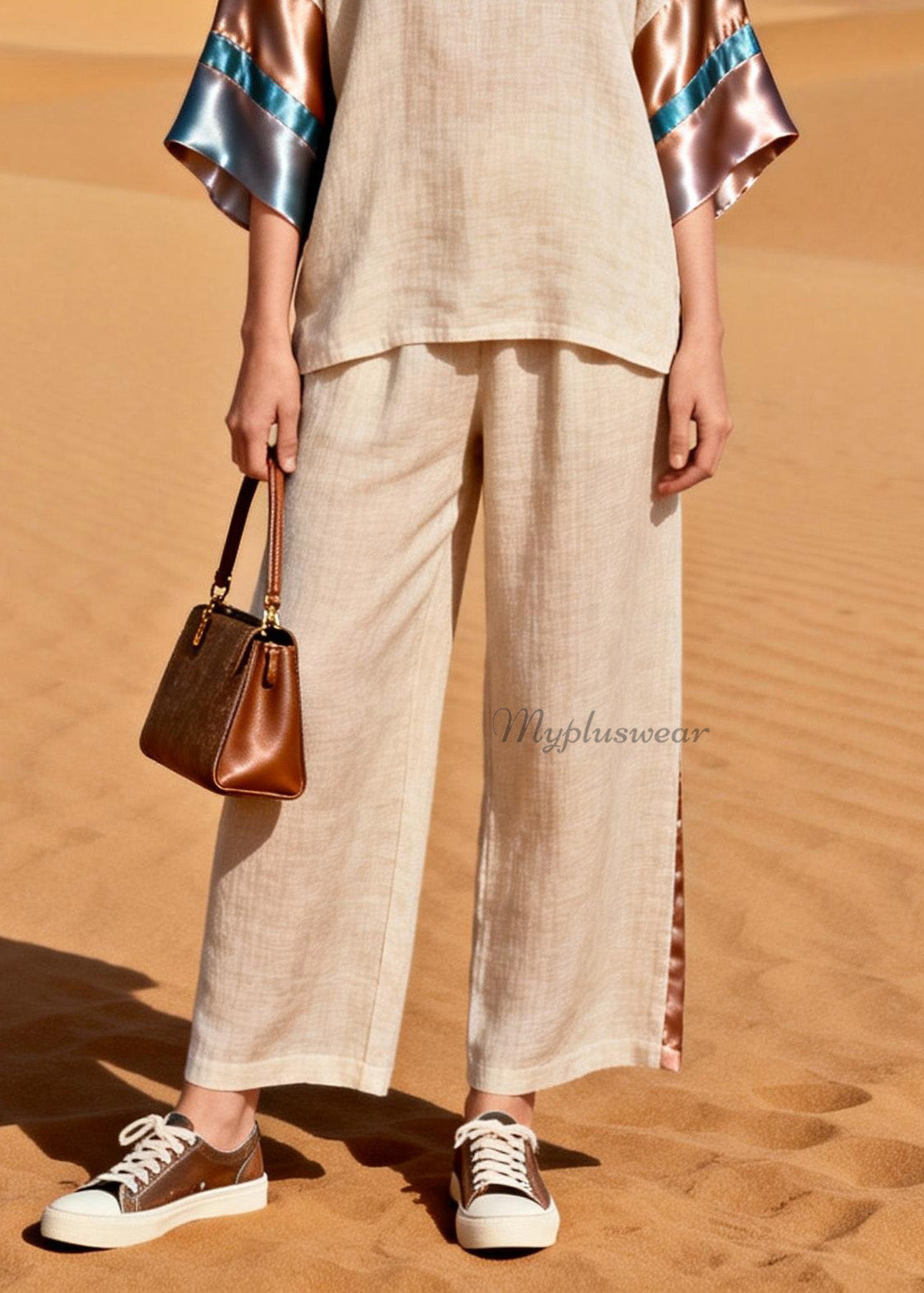 Beautiful V Neck Silk Patchwork Linen Two Pieces Set Summer