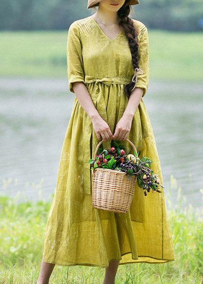Beautiful V Neck Tie Waist Summer Clothes For Women Fashion Ideas Yellow Loose Dress - SooLinen