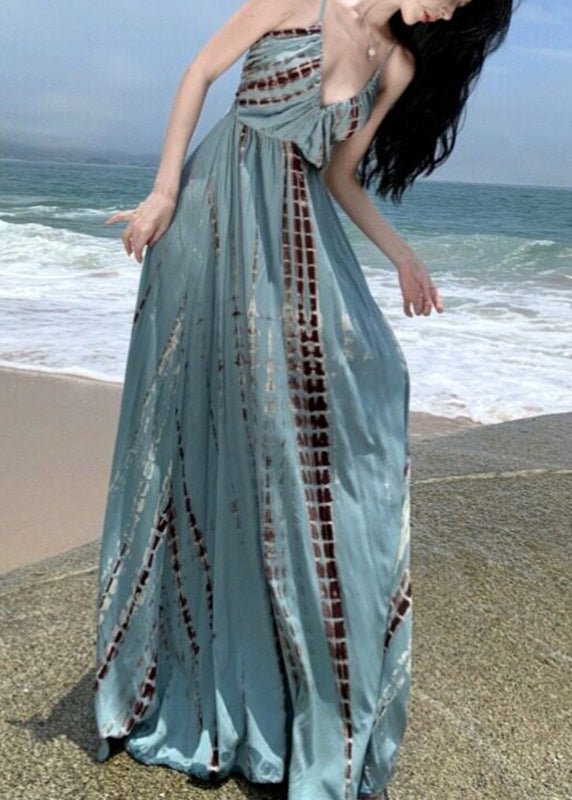 Beautiful V Neck Wrinkled Print Backless Maxi Spaghetti Strap Dresses Summer