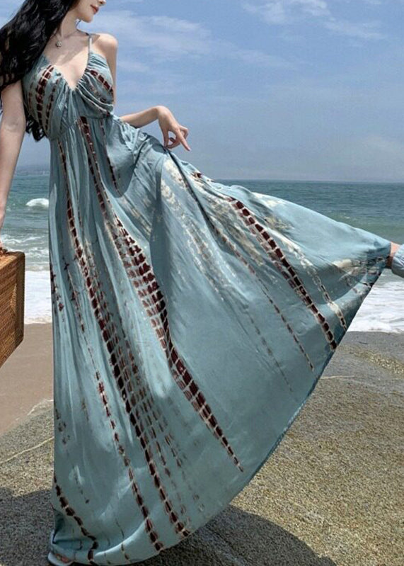 Beautiful V Neck Wrinkled Print Backless Maxi Spaghetti Strap Dresses Summer