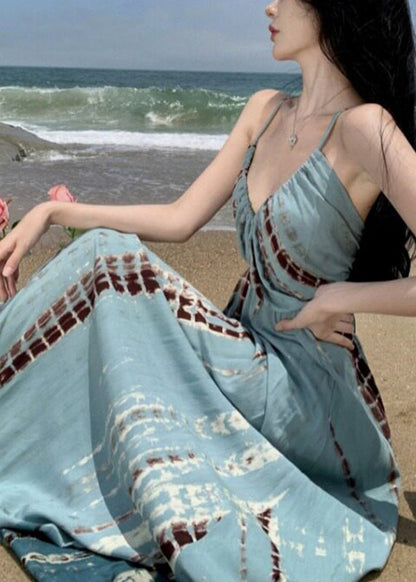 Beautiful V Neck Wrinkled Print Backless Maxi Spaghetti Strap Dresses Summer