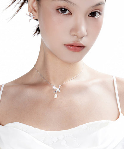 Beautiful Water Zircon Droplet Pearl Little Bird Silver Choker