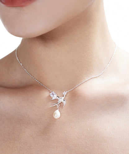 Beautiful Water Zircon Droplet Pearl Little Bird Silver Choker