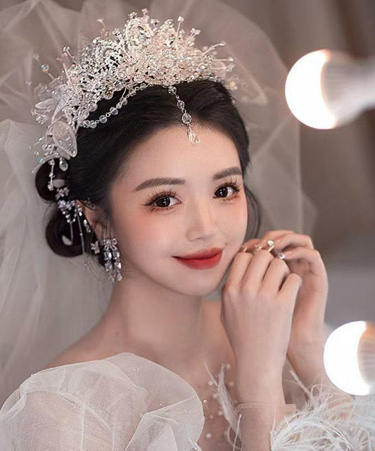 Beautiful White Alloy Zircon Crystal Tassel Drop Earrings And HairPiece Two-Piece Set