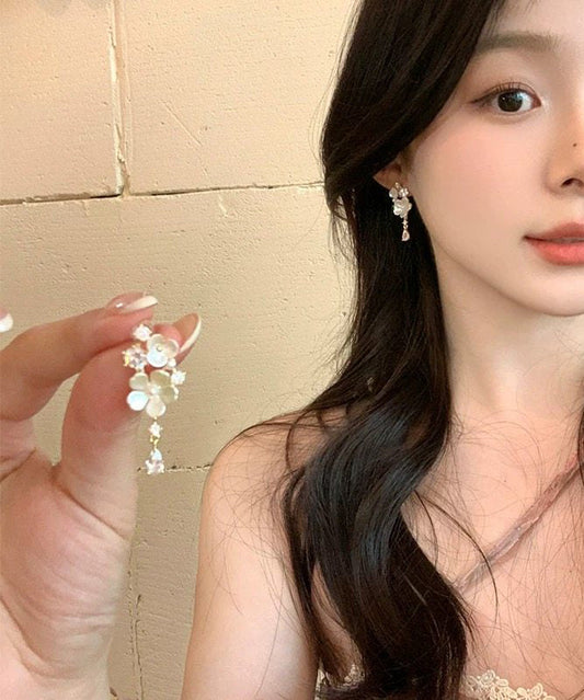 Beautiful White Alloy Zircon Floral Tassel Drop Earrings