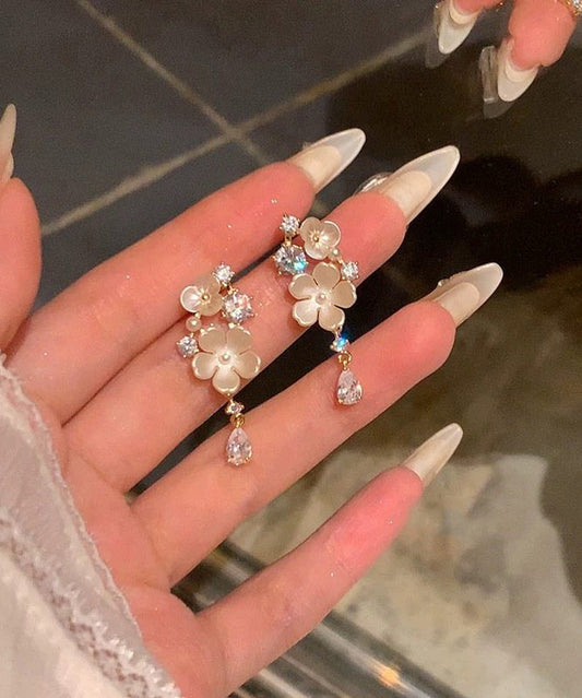 Beautiful White Alloy Zircon Floral Tassel Drop Earrings