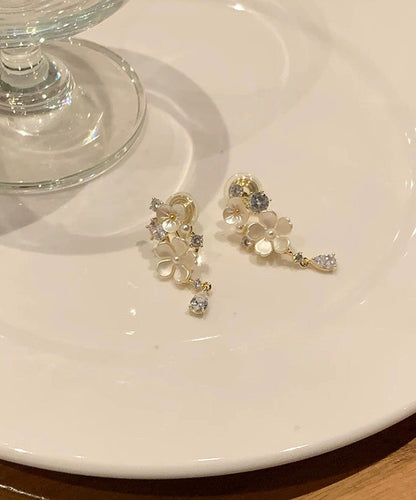 Beautiful White Alloy Zircon Floral Tassel Drop Earrings