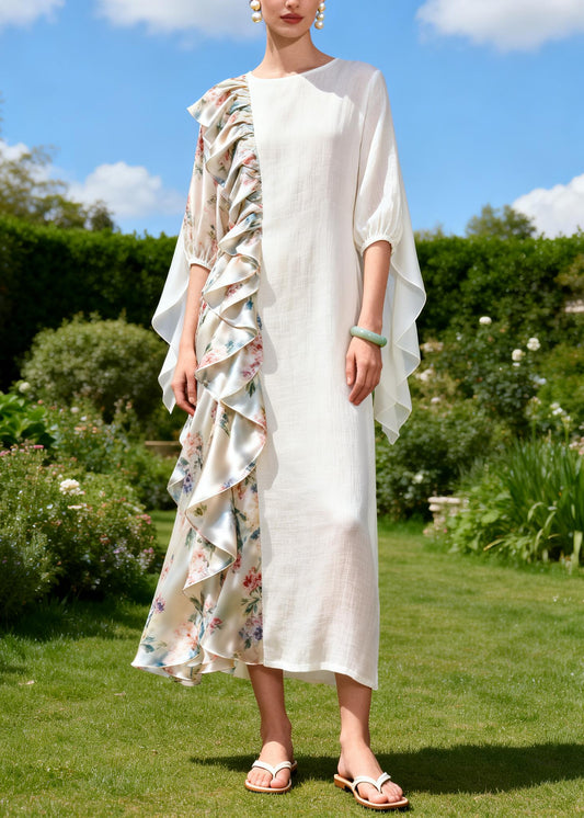 Beautiful White Asymmetrical Patchwork Ruffles Cotton Dress Summer