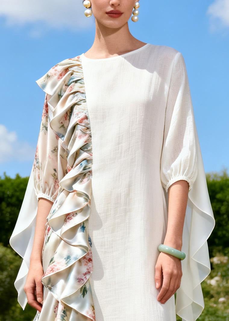 Beautiful White Asymmetrical Patchwork Ruffles Cotton Dress Summer