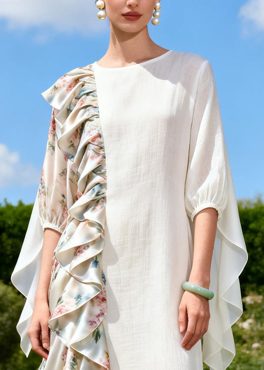 Beautiful White Asymmetrical Patchwork Ruffles Cotton Dress Summer