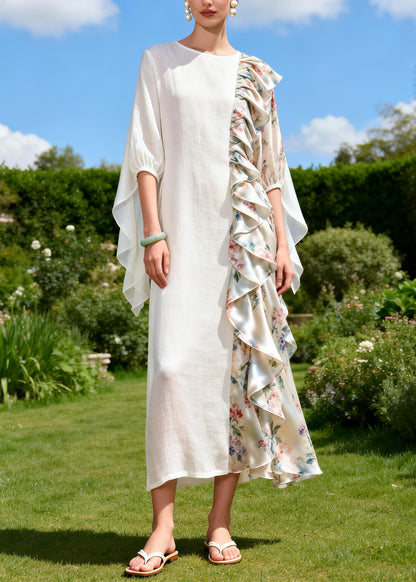 Beautiful White Asymmetrical Patchwork Ruffles Cotton Dress Summer