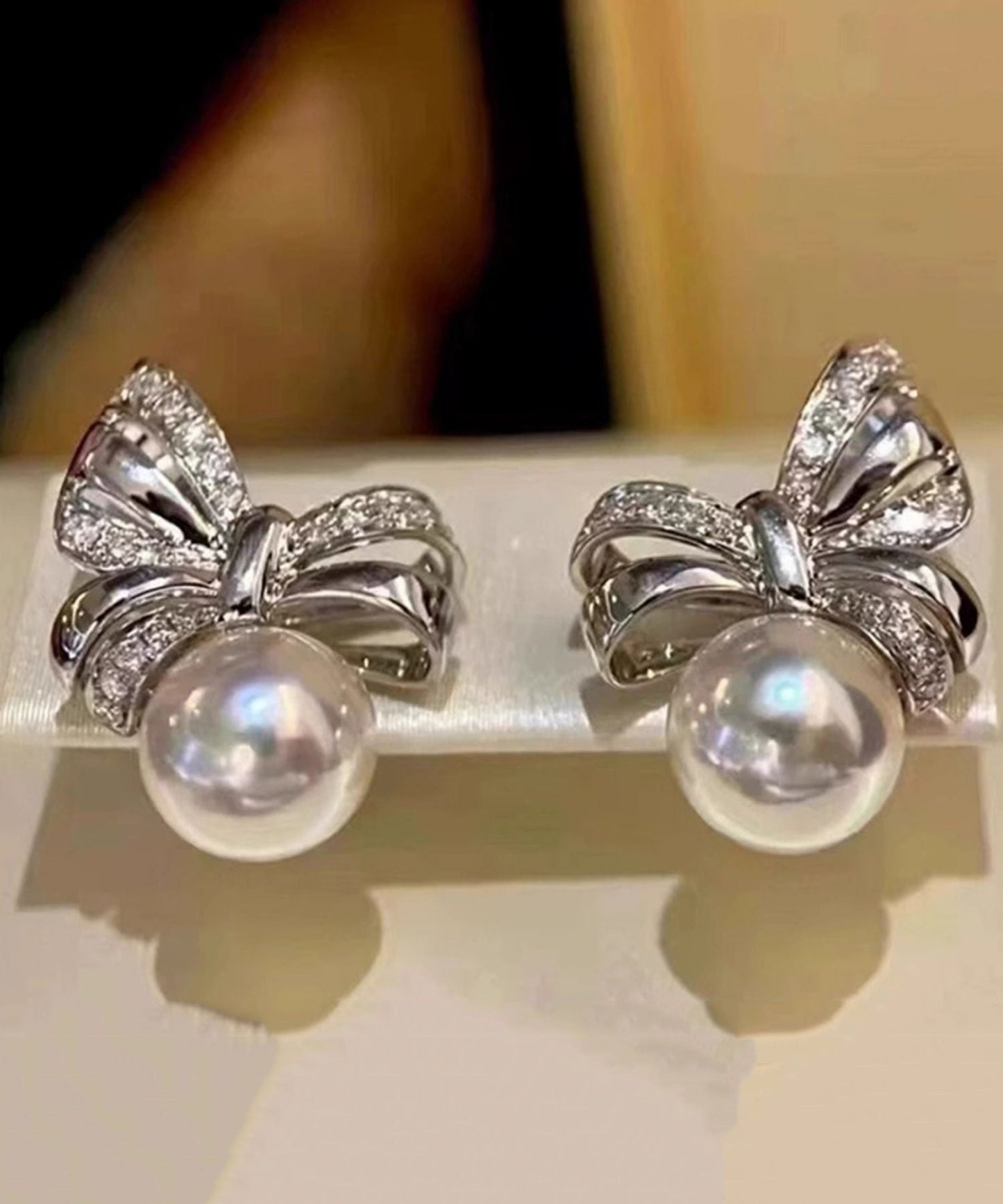 Beautiful White Bow Pearl Silver Stud Earrings