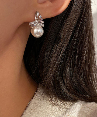 Beautiful White Bow Pearl Silver Stud Earrings