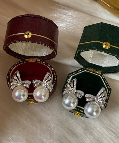 Beautiful White Bow Pearl Silver Stud Earrings