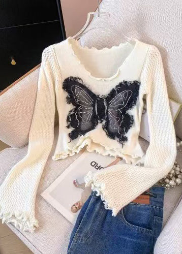 Beautiful White Butterfly Patchwork Knitted Tops Flare Sleeve