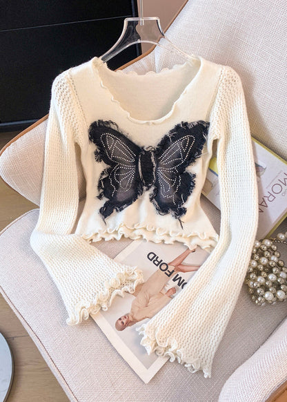 Beautiful White Butterfly Patchwork Knitted Tops Flare Sleeve