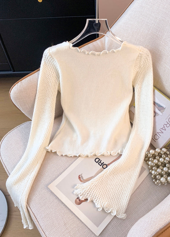 Beautiful White Butterfly Patchwork Knitted Tops Flare Sleeve