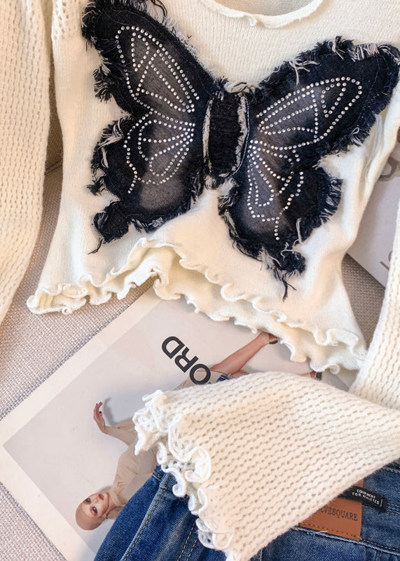 Beautiful White Butterfly Patchwork Knitted Tops Flare Sleeve