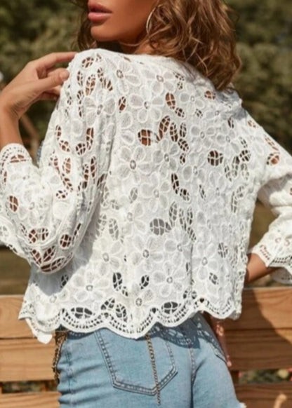 Beautiful White Button Down Hollow Out Lace Blouses Summer