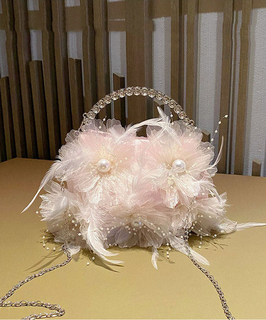 Beautiful White Flower Zircon Pearl Feather Handbag