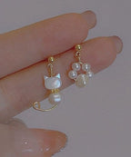 Beautiful White Gold Copper Overgild Pearl Little Cats Asymmetric Drop Earrings