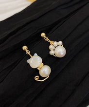 Load image into Gallery viewer, Beautiful White Gold Copper Overgild Pearl Little Cats Asymmetric Drop Earrings