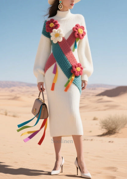 Beautiful White High Neck Patchwork Flower Knit Sweater Dress Winter